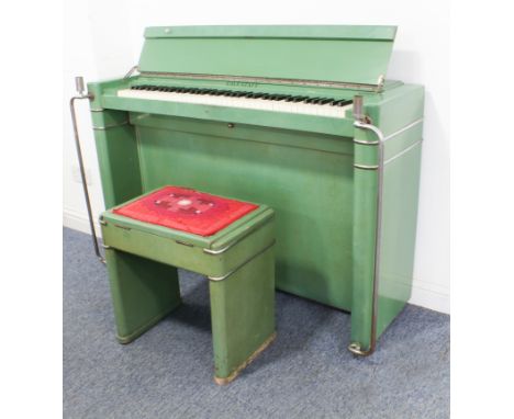 An Art Deco period Eavestaff &lsquo;Minipiano&rsquo; pianette and matching piano stool. The mid-green painted case with chrom