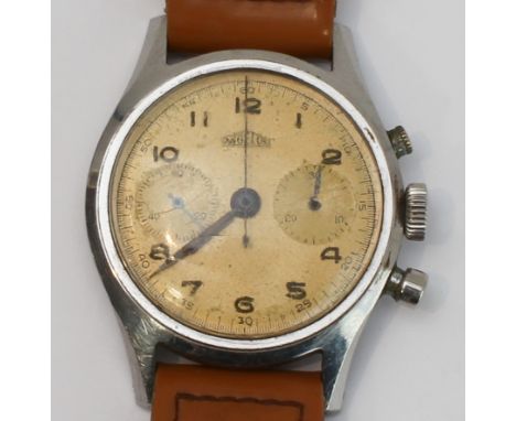 A 1940s to 1950s&nbsp;gentleman's Angelus chronograph wristwatch: signed honey dial with black Arabic numerals and with doubl