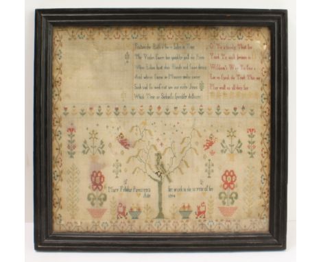 A late 18th century George III period needlework sampler: the upper section with three stanzas of verse by Thomas Dilworth, D