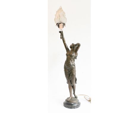 A French bronzed spelter figural lamp - 20th century, the Art Nouveau style figure of a classical maiden wearing diaphanous r