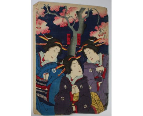 Six unmounted Japanese woodblock prints - all figural subjects to include a print of three bijin beneath a cherry blossom tre