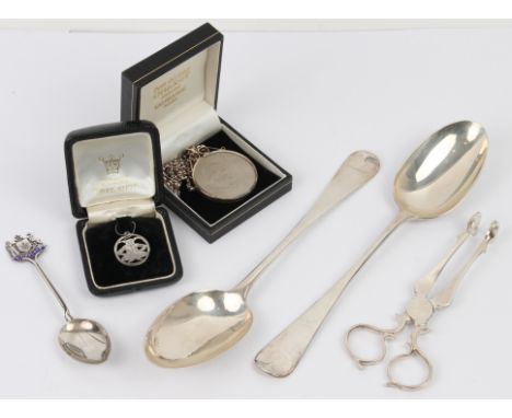 A pair of late-Victorian silver Old English pattern tablespoons; together with a pair of George III silver sugar nips with sh