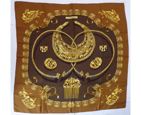 A classic vintage Herm&egrave;s silk twill scarf: 'Les Cavaliers d'Or' was designed by Vladimir Rybaltchenko (1939-2002) who 