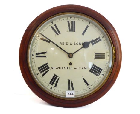 A 19th century single fusee mahogany school or station clock: the painted, 28cm Roman dial signed 'Reid &amp; Sons Newcastle 