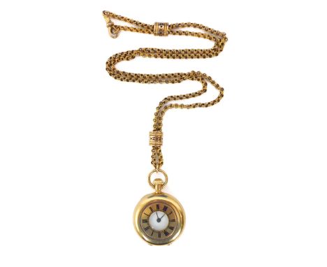 An 18ct gold and enamel half-hunter fob watch - with gilt lever, fob wind movement (at fault), the plain case with dark blue 