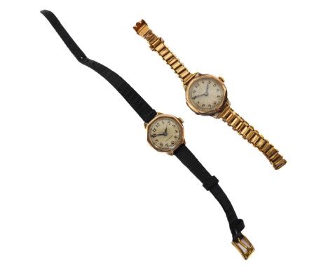 Two mid-century ladies 9ct gold cased wristwatches - manual wind, one with silvered Arabic dial and bevelled hexagonal bezel,