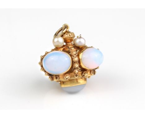 An 18th century style 18ct yellow gold, water opal and pearl pendant - marked '750', of crown form, set with five cabochon wa