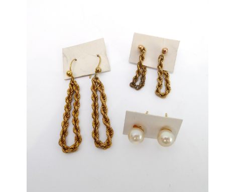 A pair of 9ct gold rope chain drop earrings - with hook fittings for pierced ears, overall drop 4.6 cm; together with a simil