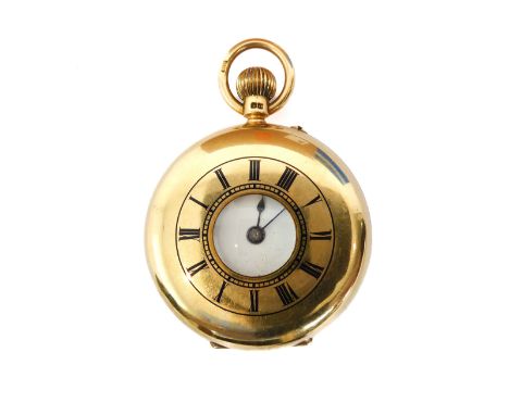 An 18-carat yellow gold-cased half Hunter pocket fob watch: enamel Roman numerals to the outer case, white enamel dial with f