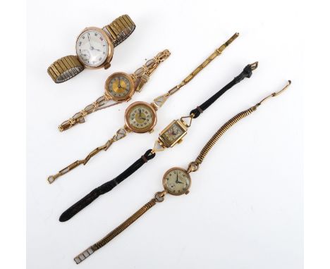 Four vintage 9ct gold wristwatches - all manual wind, 1930s-50s, and one rolled gold example: 1. a gentleman's watch with 27 