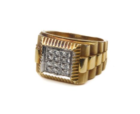 An 18ct yellow gold and diamond 'Rolex' gents ring - hallmarked London 1987, maker 'JH', pav&eacute; set with a square of six