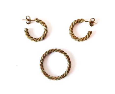 A 9ct three colour gold rope twist ring and hoop earrings en suite - the ring hallmarked London 1984, size U&frac12;, the ear