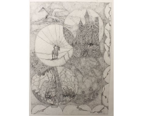 20th century school 'St George and the Dragon' pointillist monochrome print, signed in pencil verso Jane (xxxx) 40.5 x 30.5 c
