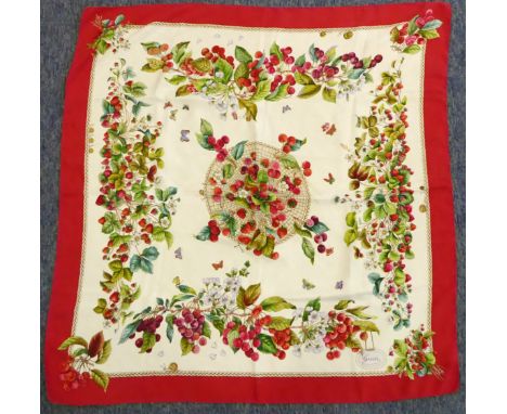 A vintage Gucci silk scarf with a design of strawberries and cherries, Gucci label and marked 100% silk (approx. 86 x 87 cm).