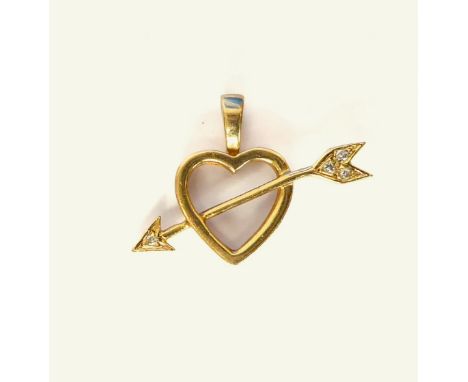 A 14ct yellow gold and diamond cupid's arrow pendant - the arrow set with four small brilliant diamonds, 23 mm long (1.4g)