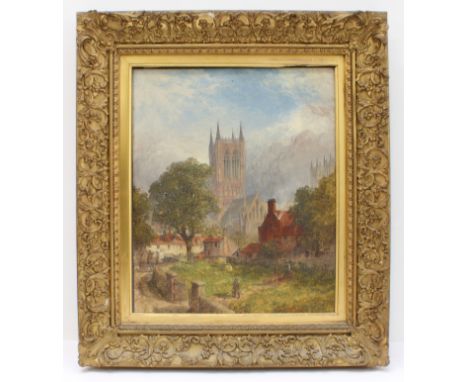 ALFRED DAWSON (British, act.1858-1922) -&nbsp;'The Great Tower, Lincoln Cathedral',&nbsp;oil on chamfered panel, signed and d
