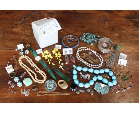 A collection of costume jewellery - including a boxed pair of May-Bee English porcelain floral earrings by Gillian Suggett; a