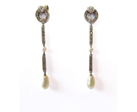 A pair of 18ct white gold, diamond and pearl drop earrings: the open rings set with two principal brilliant cut diamonds join