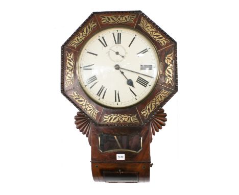 A large and imposing late Regency period brass-inlaid rosewood wall-hanging drop-dial clock: the octagonal dial frame with ga