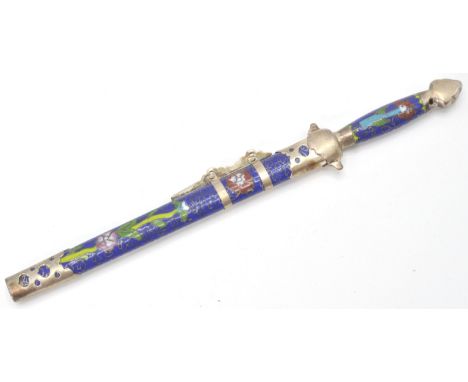 A vintage early 20th century Cloisonne Chinese paper knife letter opener having a blue ground with enamel flowers and silver 