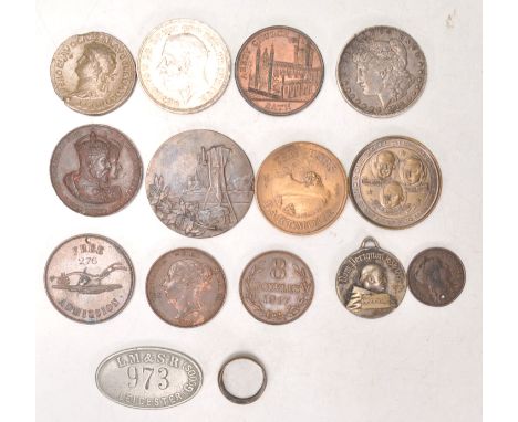 An interesting collection of 19th and 20th Century tokens and medallions to include a Moet Chandon Don Perignon medallion, an