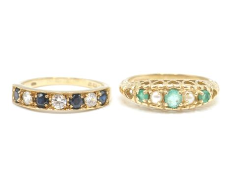 2 9ct gold hallmarked rings. To include a 9ct Birmingham hallmarked emerald and half pearl ring within heart pierced setting 