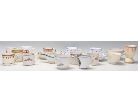 A collection of 18th and 19th century porcelain items to include teacups and saucers, coffee cans, creamer, goose egg cup etc