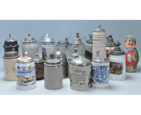 A collection of 20th Century German ceramic stein drinking glasses, to include glass, stoneware and souvenir examples, includ