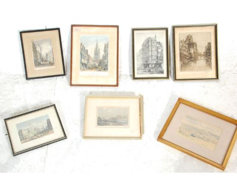 A group of six framed and glazed etchings dating from the early 20th Century with some coloured examples to include 'View In 