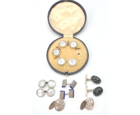 A 19th century gentlemans paste set button set complete in presentation case together with 2 sets of silver 925 cufflinks, on
