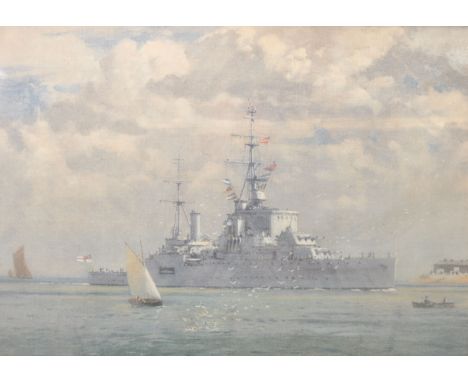 After Norman Wilkinson. An early 20th century framed print of a British naval battleship at sea. Signed to the corner by the 