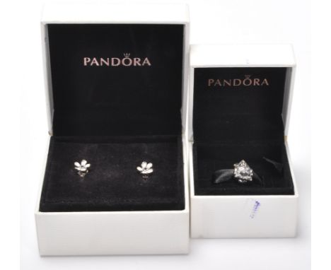 Pandora - A silver 925 Pandora owl charm set with blue stone eyes. Together with a pair of Pandora silver and enamel flower e