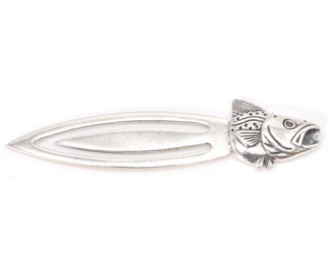 A stamped sterling sliver bookmark terminating in a fishes head finial set with red stone eyes. Weighs 3.5g. Measures 5.5cm. 