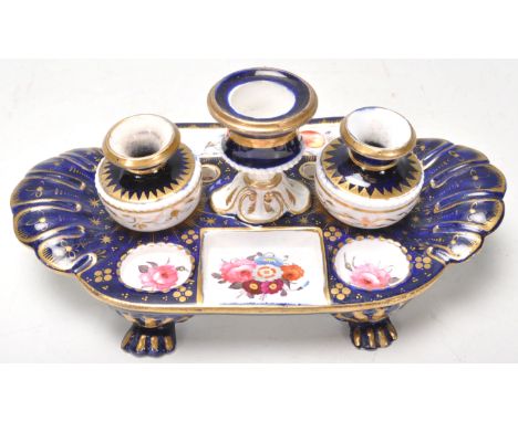 A 19th Century Victorian antique Rococo influence hand painted porcelain desk stand / inkstand/ The tray of shaped fan form w