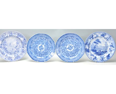 A set of four blue and white plates to include two early 19th Century Georgian English antique pearlware blue and white cabin