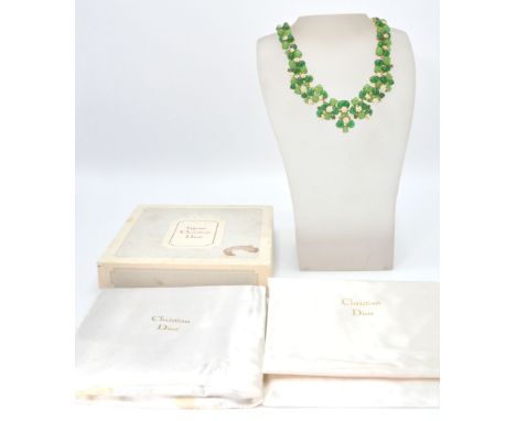 A signed mid century Christian Dior Bijoux Costume jewellery gilt metal and emerald cabochon glass necklace with whites stone