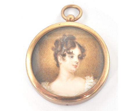 A framed 19th century hand painted portrait miniature of a fine young maiden being set in yellow metal case with bevelled gla