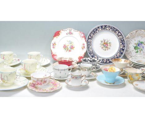A collection of mixed vintage bone china tea service pieces to include Royal Albert Serena pattern teacup, Foley Art Deco tea