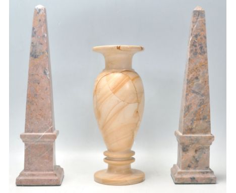 A good pair of antique neoclassical carved&nbsp;marble obelisk mantelpiece ornaments, each being raised on square plinth base