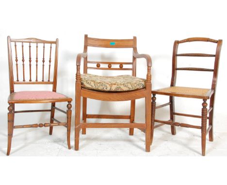 A set of 3 chairs to include an Edwardian mahogany inlaid bedroom chair with spindle gallery backrest, a William and Mary rev