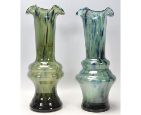 A pair of 20th Century vintage retro studio art spatter glass vases in a blue and green colourway having fanned rims with bul