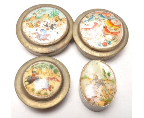 A group of early 20th Century vintage white brass Chinese compacts / trinket pots, three of cylindrical form and one oval exa