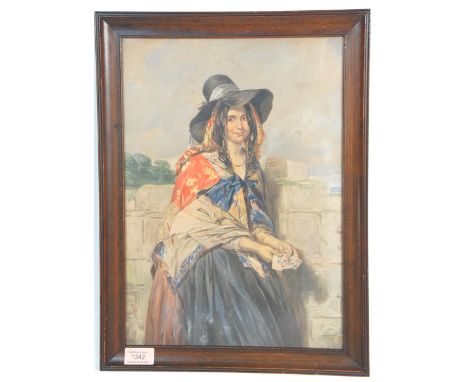 An early 20th Century colour print depicting a portrait of an Irish gypsy woman holding playing cards and wearing coloured sh