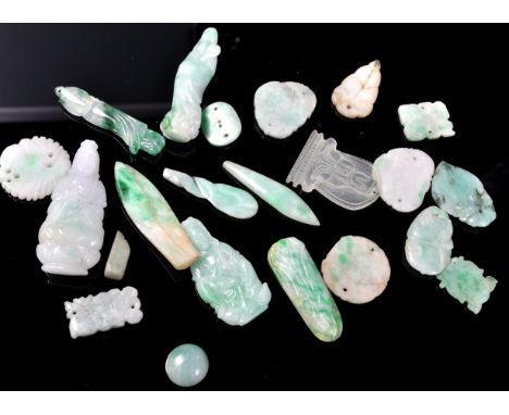 A collection of Antique 19th / 20th Century Chinese Jade figures to include Buddha in various poses, a heart, leaves and othe
