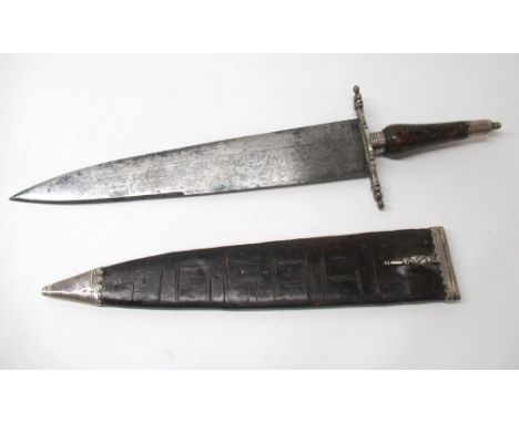 A fine circa 1700 silver (white metal) mounted plug bayonet, 13 1/4" broad tapering blade with part double edge, coat of arms