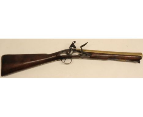 18th/19th century flintlock blunderbuss, 14" brass barrel marked London with various proof marks, the lock named `Wilkinson' 