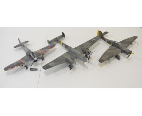 Three well presented built 1/32 scale plastic aircraft models to include car door Hawker Typhoon, Bf110 nightfighter and earl