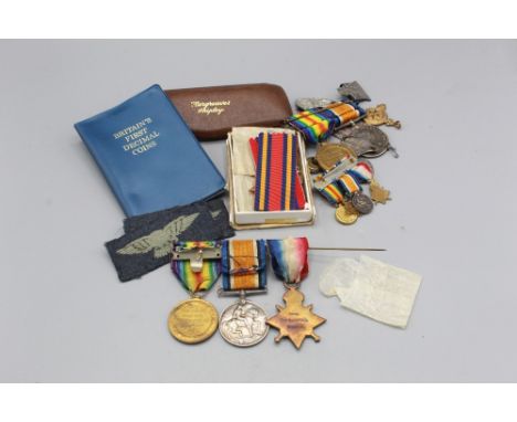 1914-15 Star, 1914-1918 War Medal, Victory Medal, with miniatures, To 15-99 Pte R. Barrett, West Yorkshire Regiment. 1914-191