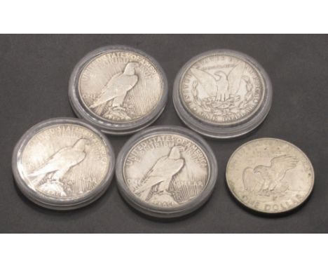 1904 New Orleans Mint Silver dollar, 1924 1926 &amp; 1927 silver Peace dollars and a 1971 dollar coin (5) (silver coins weigh