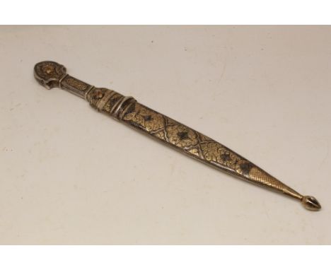 19th century Kindjal dagger with 10" double edged blade, twin fullers and various etched script, complete with sheath, nellio